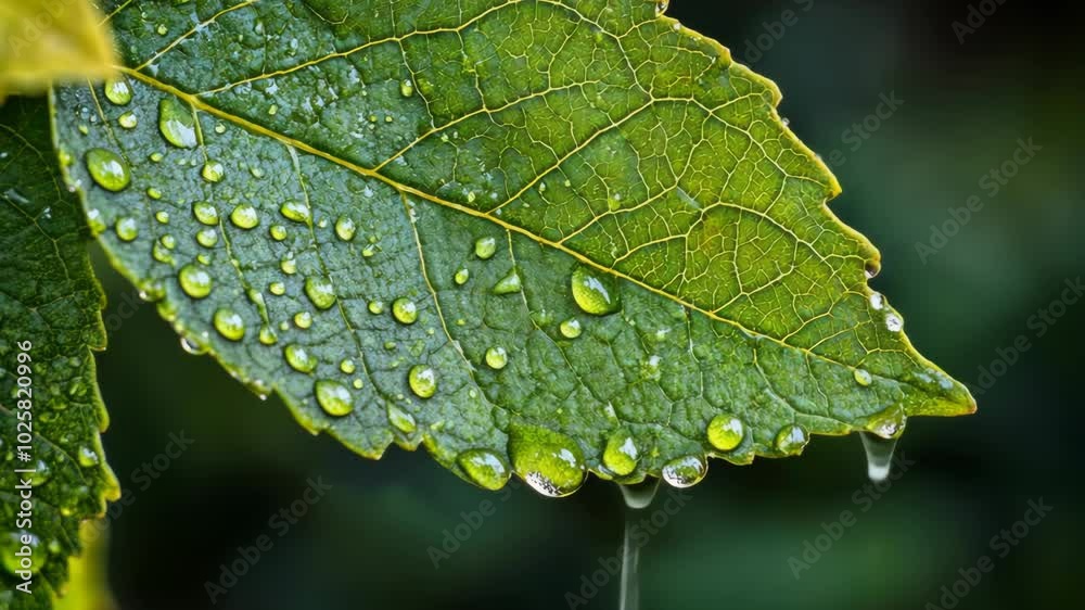 A green leaf covered in raindrops after a summer shower A green leaf covered in raindrops after a summer shower