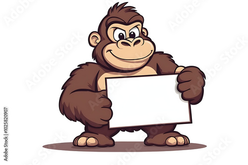 A cartoon gorilla holding a blank sign, ready for customization or messaging. photo