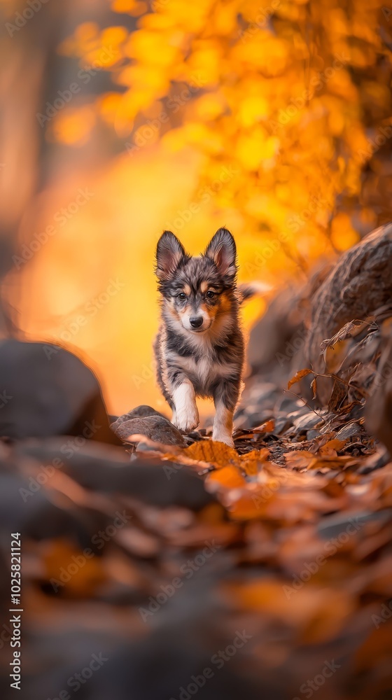 A small dog runs on a path, leaf-covered and situated in a wooded region Background includes a tree with hues of yellow and orange A small dog runs on a path, leaf-covered and situated in a wooded region Background includes a tree with hues of yellow and orange
