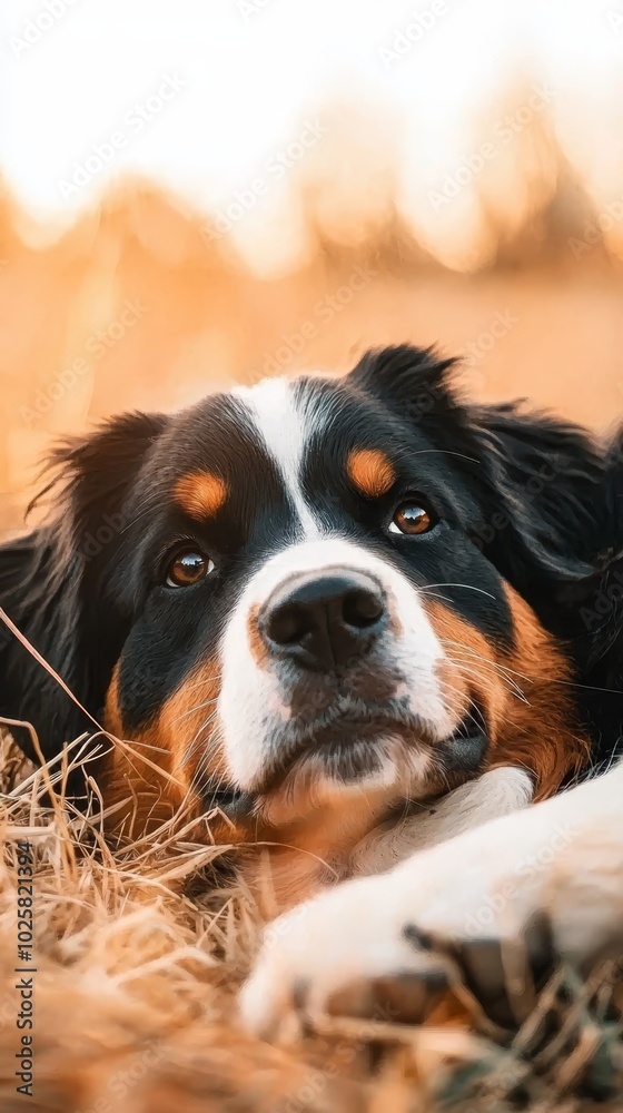 A black-and-brown dog lies atop a field of dry grass, beside a white-and-brown dog A black-and-brown dog lies atop a field of dry grass, beside a white-and-brown dog