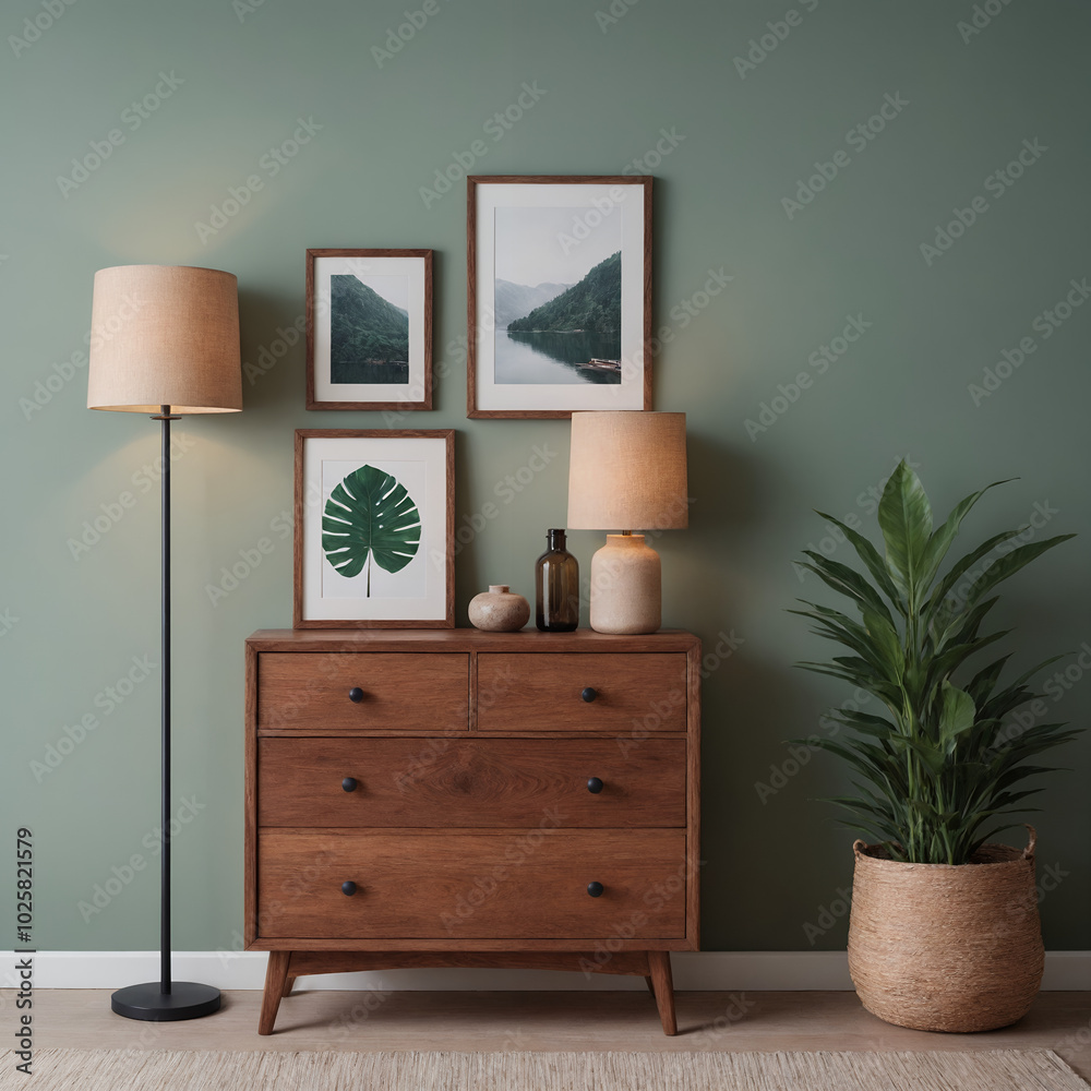 A modern interior guest room featuring a Rosewood wooden chest of drawers with a medium sea green wall Illustration image. A modern interior guest room featuring a Rosewood wooden chest of drawers with a medium sea green wall Illustration image.