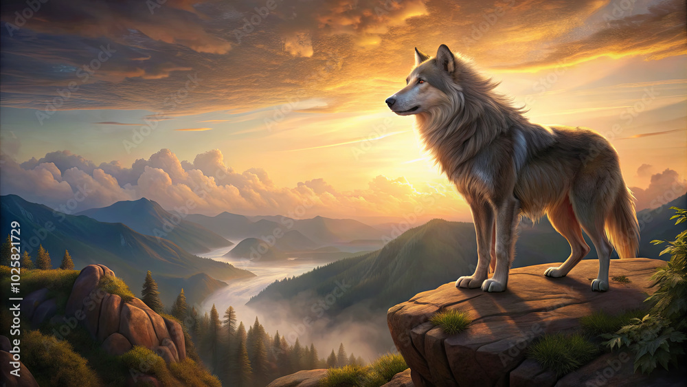 The wolf gazes thoughtfully from its perch on the rocks, surrounded by a stunning landscape of mountains and a vibrant sunset illuminating the sky The wolf gazes thoughtfully from its perch on the rocks, surrounded by a stunning landscape of mountains and a vibrant sunset illuminating the sky