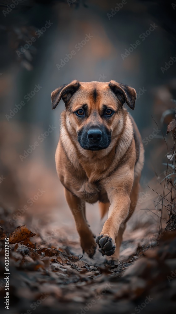 Obraz premium A dog dashingly traverses a forest, its path marked by scattering leaves The canine's face is blurred in the image