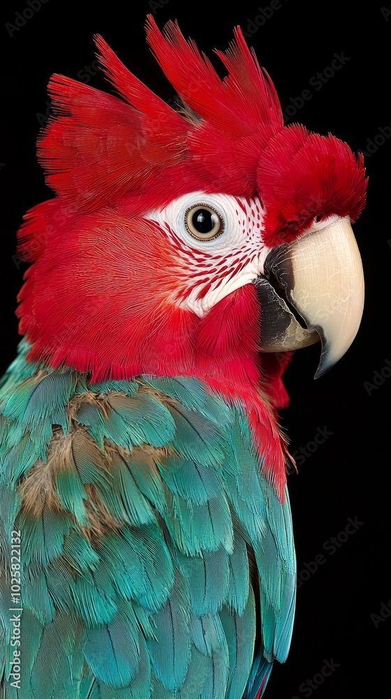 Obraz premium A tight shot of a red-and-green parrot against a black background A black background bearing a red-and-green parrot atop its surface