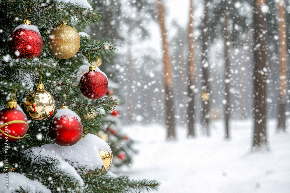 Christmas tree decorated in forest in snowdrifts in snowfall on nature outdoors Christmas tree decorated in forest in snowdrifts in snowfall on nature outdoors