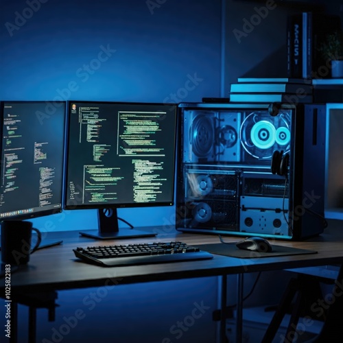 Modern Computer Desk Setup with Blue Lighting Ambience