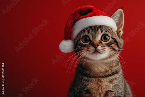 cute happy cat wearing santa hat on red background, ai generated