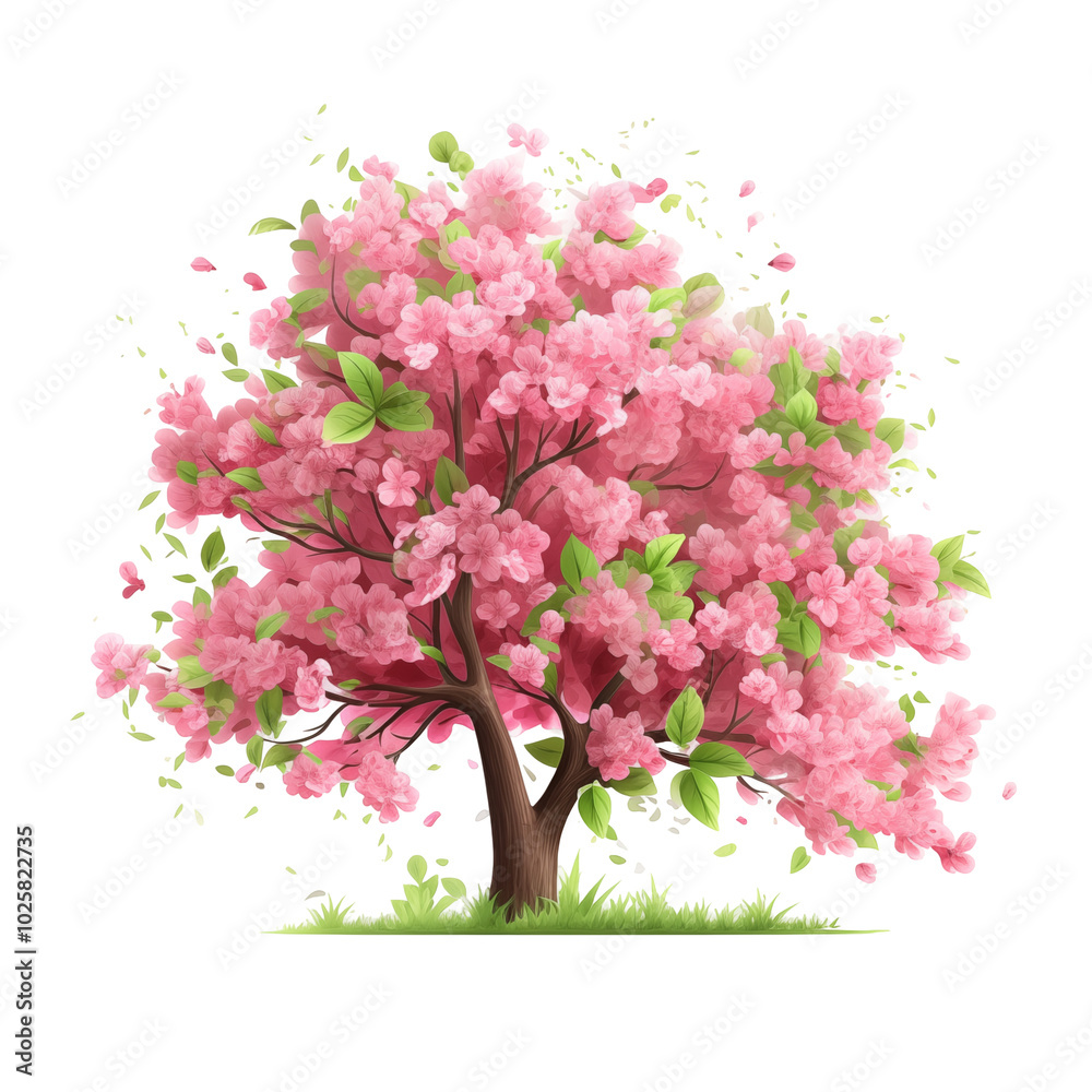 Obraz premium A vibrant blooming tree with pink flowers surrounded by lush green grass in a sunny outdoor setting during spring