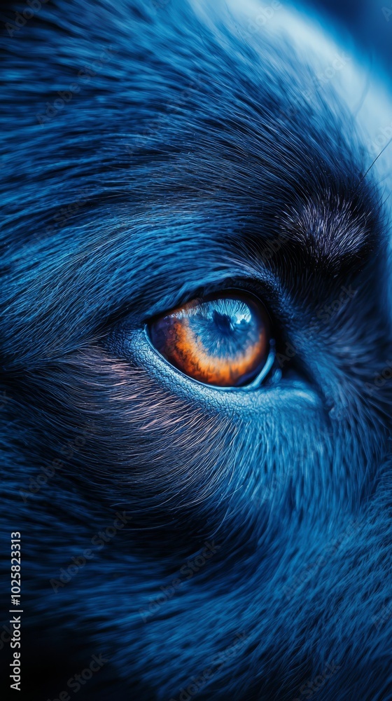  A detailed shot of a blue-eyed dog's eyeball encircled by orange and blue fur