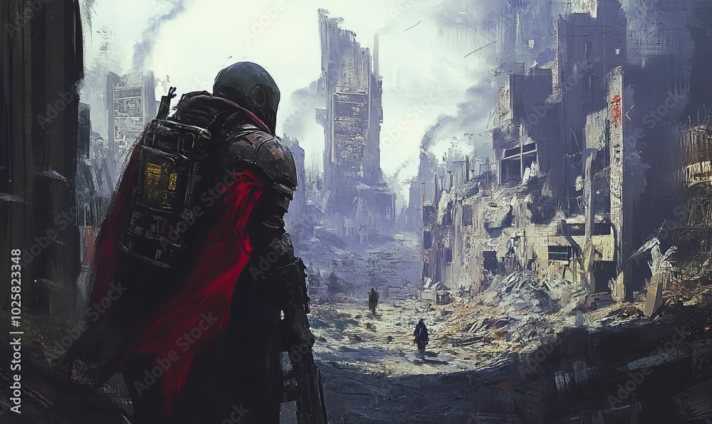 Post-apocalyptic city with lone figures walking. Post-apocalyptic city with lone figures walking.