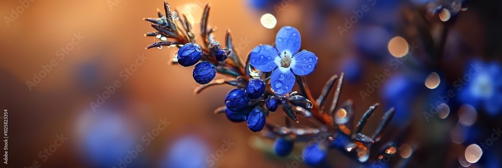 Fototapeta premium A tight shot of a blue bloom, adorned with dewdrops on its petals, against a softly blurred backdrop