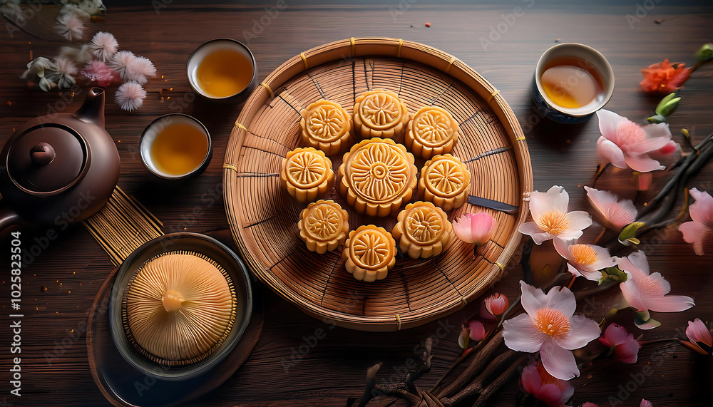 A beautifully arranged traditional mooncake collection with tea, flowers, and elegant tableware, perfect for festive celebrations. A beautifully arranged traditional mooncake collection with tea, flowers, and elegant tableware, perfect for festive celebrations.