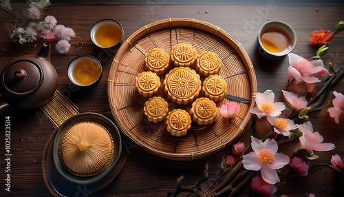 A beautifully arranged traditional mooncake collection with tea, flowers, and elegant tableware, perfect for festive celebrations.