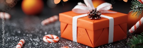  A present box, topped with an orange bow, rests atop a table Nearby sit candy canes and an orange Christmas ornament