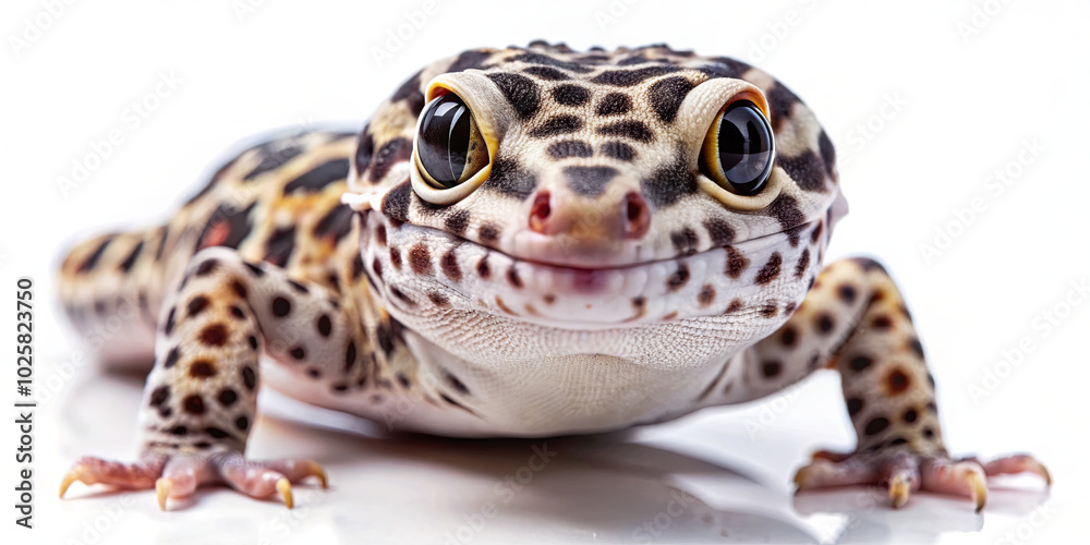This leopard gecko is positioned in front of a white background, highlighting its vivid colors and intricate patterns. The details of its expression and skin texture are clearly visible This leopard gecko is positioned in front of a white background, highlighting its vivid colors and intricate patterns. The details of its expression and skin texture are clearly visible