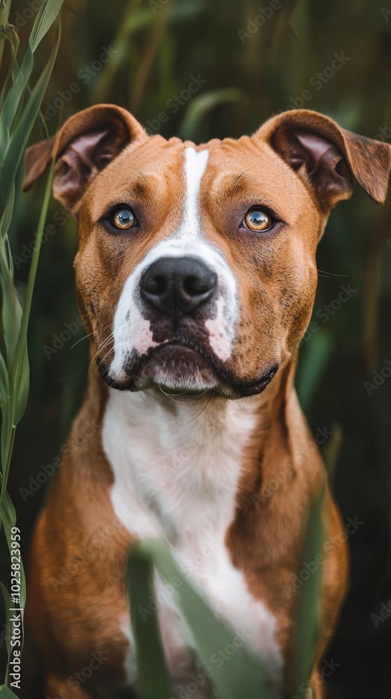 A brown-and-white dog with blue eyes gazes at the camera, a green plant in sharp focus in the foreground, bushes framing the scene in the background A brown-and-white dog with blue eyes gazes at the camera, a green plant in sharp focus in the foreground, bushes framing the scene in the background