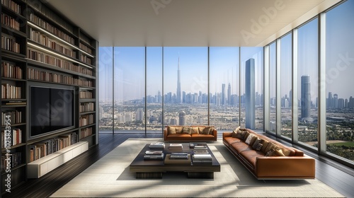 Luxurious Living Room with Panoramic Dubai Skyline View