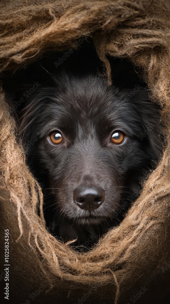  A tight shot of a dog gazing out from a burlap-covered hideout with bright, open eyes