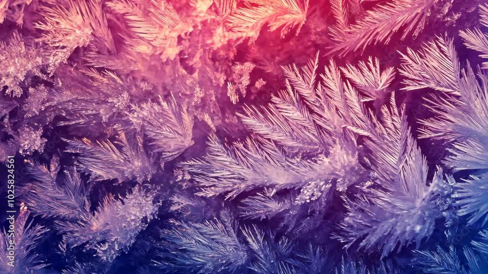 A close-up of delicate frost crystals, illuminated by a warm, red glow A close-up of delicate frost crystals, illuminated by a warm, red glow
