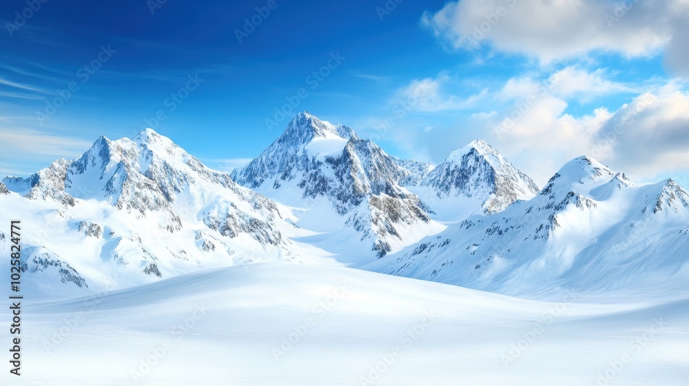 Snowy Landscape with Majestic Mountains and Blue Sky Snowy Landscape with Majestic Mountains and Blue Sky