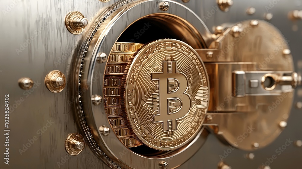 Fototapeta premium 3D bank vault door opens revealing stacks of cash and crypto coins, on an isolated background. minimalistic, peaceful, soft natural lighting