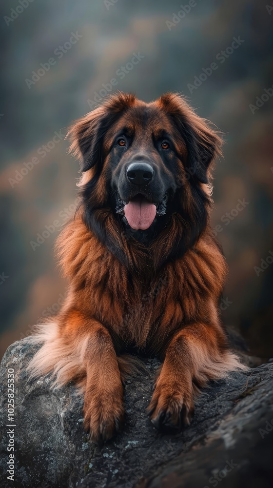 Obraz premium A tight shot of a dog resting atop a rock, tongue extended