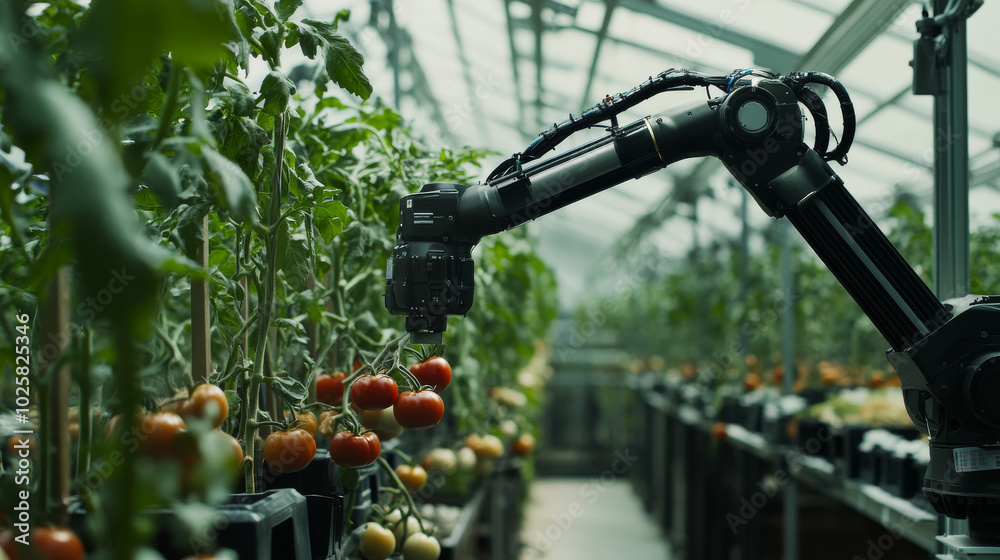 A robotic arm helps farmers grow vegetables in a greenhouse. It picks tomatoes, puts them in boxes, and does other tasks. This shows how technology is changing farming. A robotic arm helps farmers grow vegetables in a greenhouse. It picks tomatoes, puts them in boxes, and does other tasks. This shows how technology is changing farming.