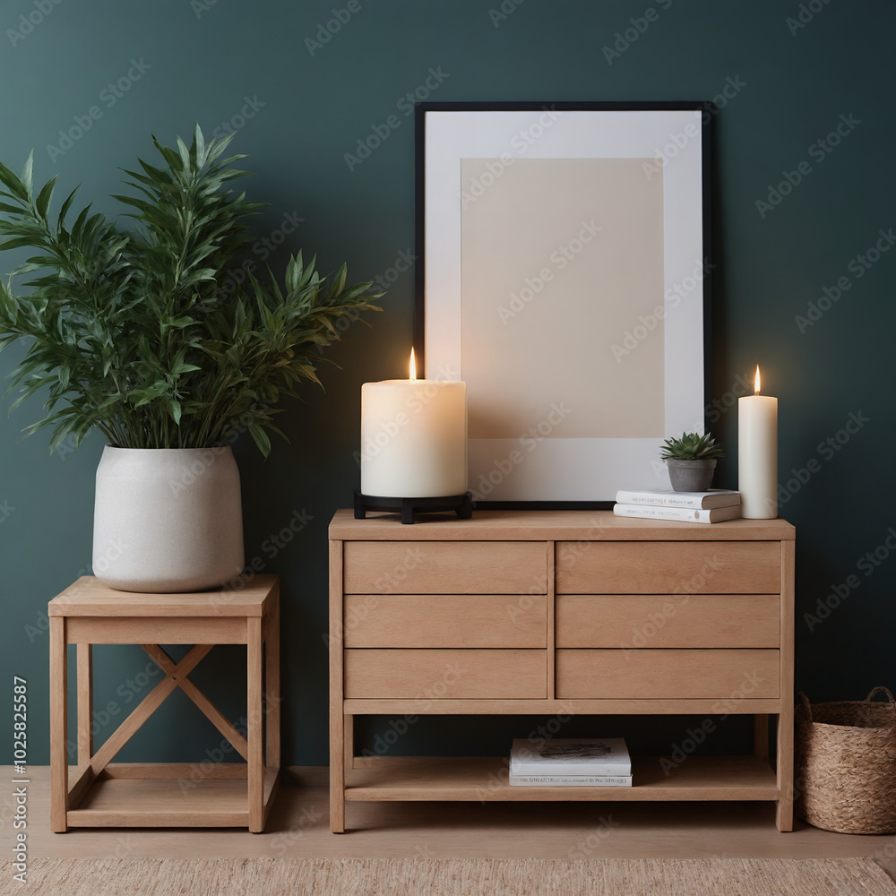 A modern interior living room featuring a white maple wooden chest of drawers with a dark silver wall Illustration image. A modern interior living room featuring a white maple wooden chest of drawers with a dark silver wall Illustration image.