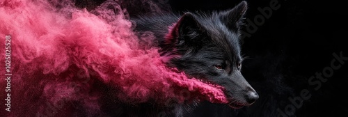  A black wolf emitting red and pink smoke from its maw against a backdrop of black, enshrouded in red and pink smoky depths photo