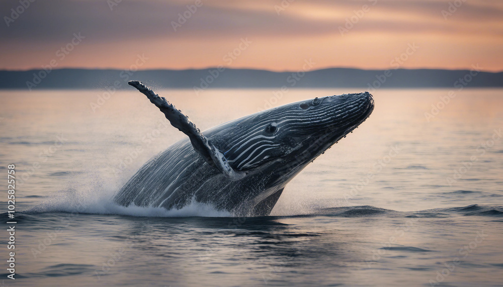 Fototapeta premium A grey whale breaching the ocean surface.