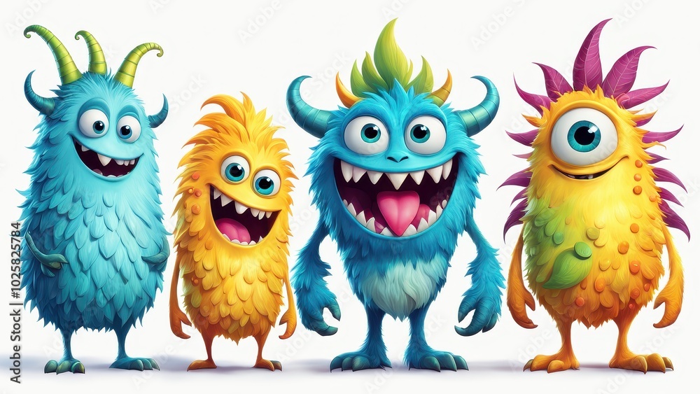 Four colorful, cartoonish monsters with playful expressions and unique features. Four colorful, cartoonish monsters with playful expressions and unique features.