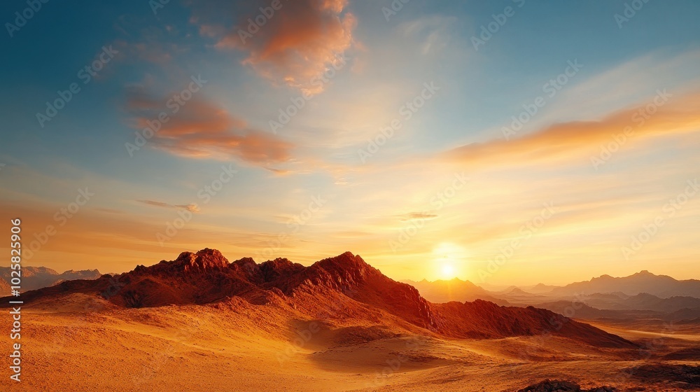 Naklejka premium Serene Sunset Over a Vast Desert Landscape
