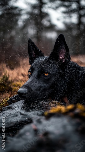  A tight shot of a dog resting on damp ground amidst rainfall, trees looming in the background