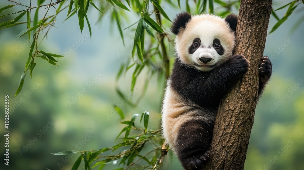 Obraz premium A cute baby panda bear climbing a tree in a lush green bamboo forest.