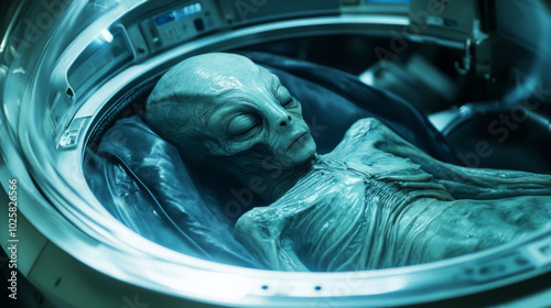 A sleeping alien is kept in a special container filled with liquid at a secret science lab. The alien is like a human astronaut and was found in a flying saucer. photo