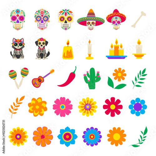 Dia de los muetros icons set. A collection of colorful flowers and skulls, including a skeleton with a guitar, a skeleton with a dog, and a skeleton with a cactus