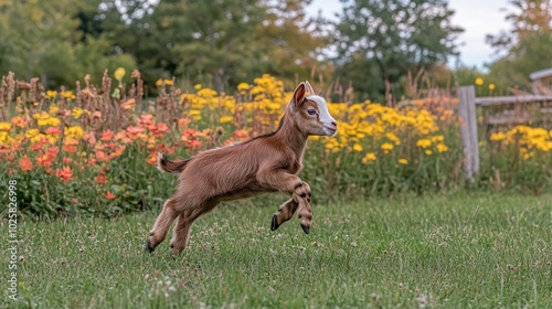 A young brown and white goat with a white face leaps through a field of yellow and orange wildflowers.