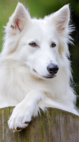  A white dog sits atop a wooden stump, paw touchingly placed at its peak, gazing into the camera photo