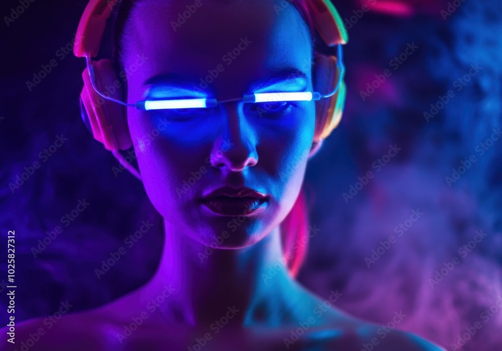 Futuristic neon portrait of woman with LED glasses in ultraviolet light Futuristic neon portrait of woman with LED glasses in ultraviolet light