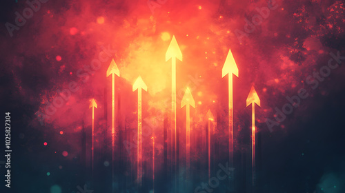 A series of glowing arrows pointing upward through a vibrant, fiery atmosphere, symbolizing growth, progress, and forward momentum.