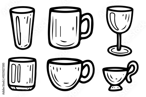 Drinkware set hand drawn doodle. Glass cup, ceramic mug. Drink water, coffee, tea, wine, cocktail. Tableware. Kitchenware. Dining table setting. Vector sketch line art illustration.