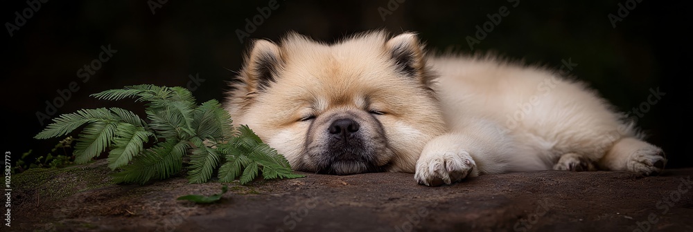 Obraz premium A tight shot of a dog resting its head on a rock, with a plant centrally positioned before its face