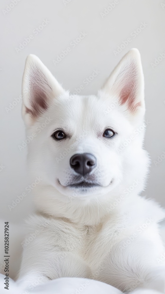 A close-up of a white dog on a bed against a white wall A close-up of a white dog on a bed against a white wall
