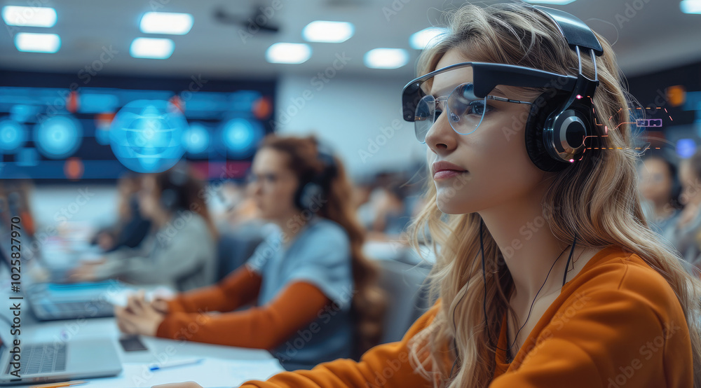 A university classroom that incorporates the concepts of Industry 4.0. Students are casually dressed. A university classroom that incorporates the concepts of Industry 4.0. Students are casually dressed.
