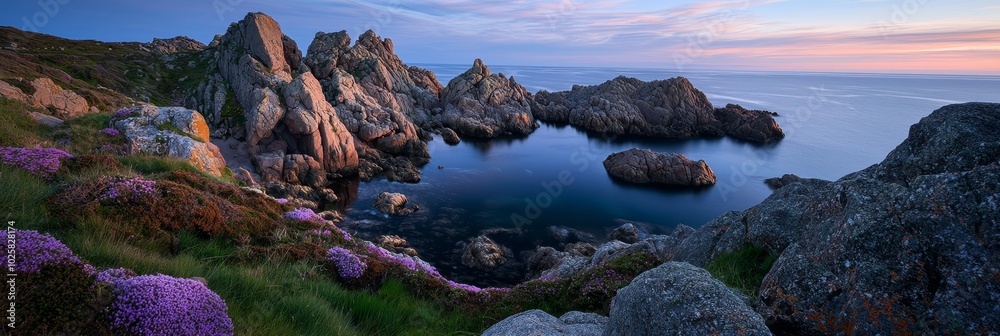 A group of rocks crowns a verdant hillside overlooking a body of water teeming with purple-blossomed flowers A group of rocks crowns a verdant hillside overlooking a body of water teeming with purple-blossomed flowers