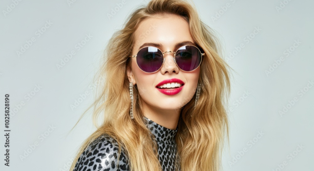 Stylish woman wearing sunglasses with vibrant lipstick Stylish woman wearing sunglasses with vibrant lipstick