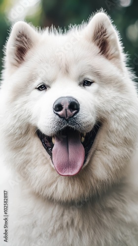  A tight shot of a white dog's face with its tongue extended and hanging loose