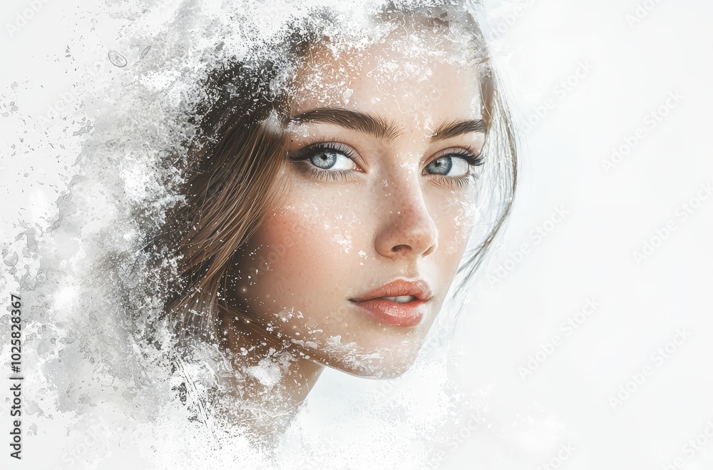 A woman's face, closely framed with snow covering it, and hair billowing in the wind A woman's face, closely framed with snow covering it, and hair billowing in the wind