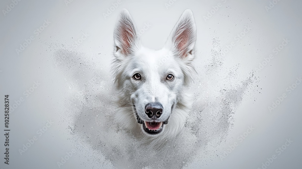  A tight shot of a white dog's grubby face, speckled with dust, and dusty ears