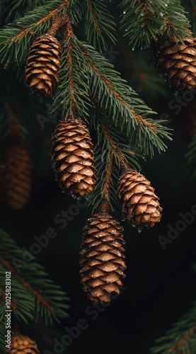  A tight shot of a pine cone dangling from a pine tree branch, adorned with water droplets